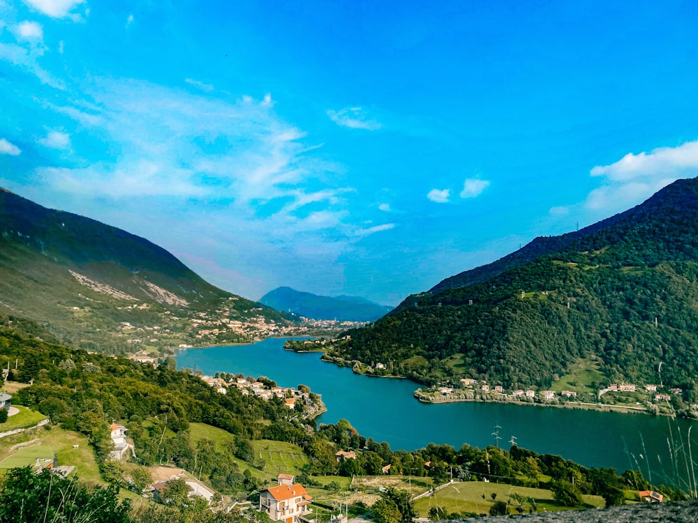 a scenic view of a lake surrounded by mountains