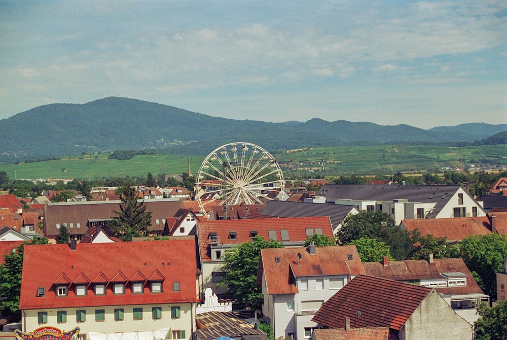 a view of a town with a ferris wheel in the background