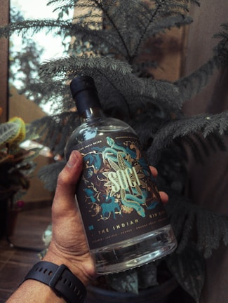 A hand is holding a bottle with intricate and colorful label design, against a backdrop of green foliage. The bottle appears to be of gin, indicated by the labeling. The overall setting is indoors, with natural light streaming in from a window.