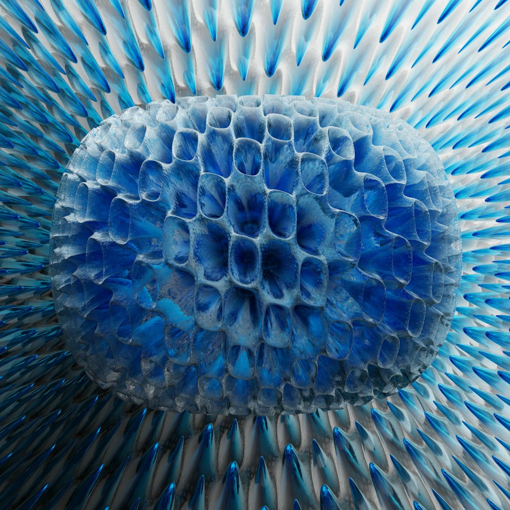 a close up of a blue and white object