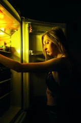 Close-up of a technician inspecting the inside of a refrigerator with a bright yellow toolbox nearby.