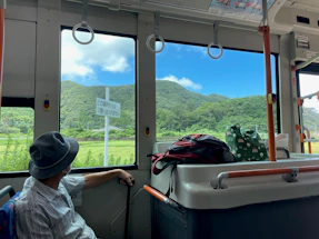 A person sits inside a bus looking out at a scenic view of lush green hills and a blue sky. The bus window frames the picturesque landscape. There are bags placed on a shelf next to the person.