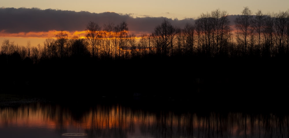 the sun is setting over a lake with trees in the background