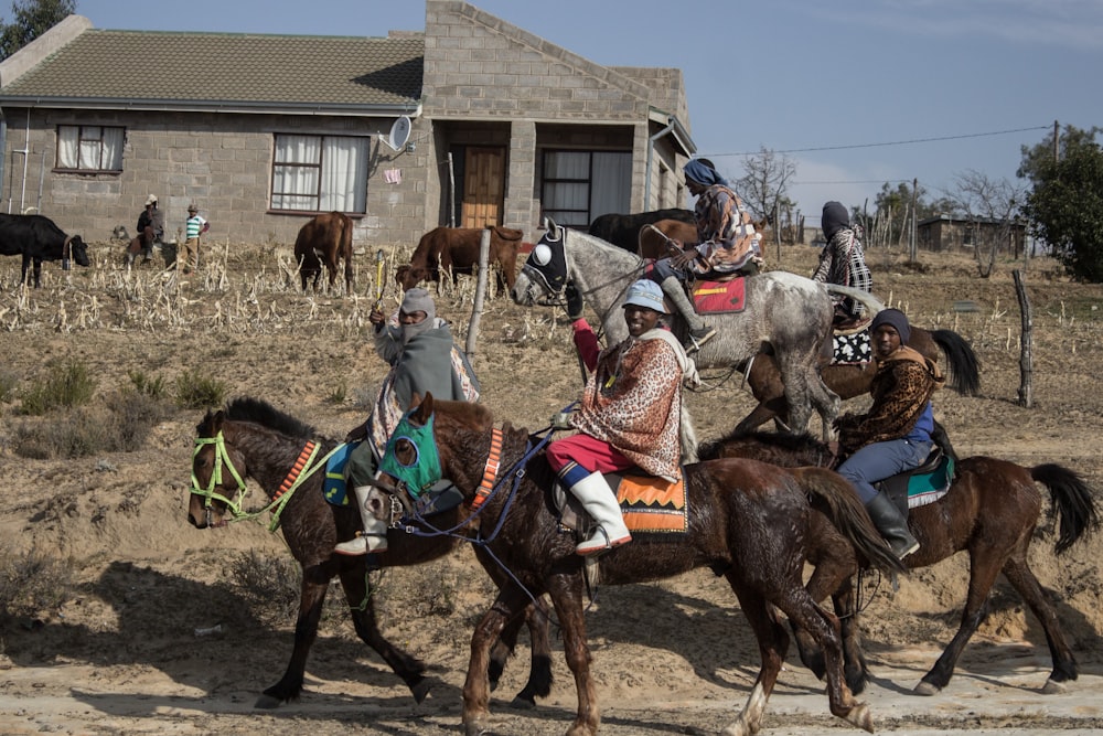 a group of people riding on the backs of horses