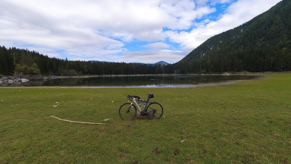 a bike parked in a field next to a lake