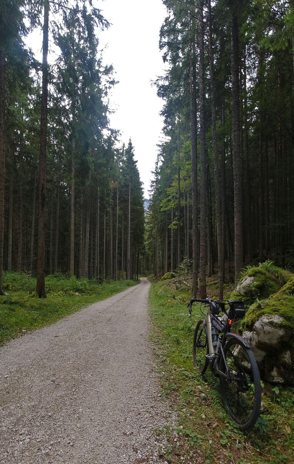 a bike parked on the side of a dirt road