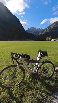 A road bicycle stands in a grassy field with towering mountains and a partly cloudy sky in the background. The grass appears lush and green, and the mountain range is covered with dense forests and rocky peaks. Two water bottles are mounted on the bicycle frame, which is positioned near a gravel path.