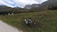 A bicycle is parked on a grassy, expansive plain with a backdrop of majestic mountains. The sky above is partly cloudy, softening the scene with a gentle light. The environment appears serene and inviting for outdoor activities like cycling or hiking.