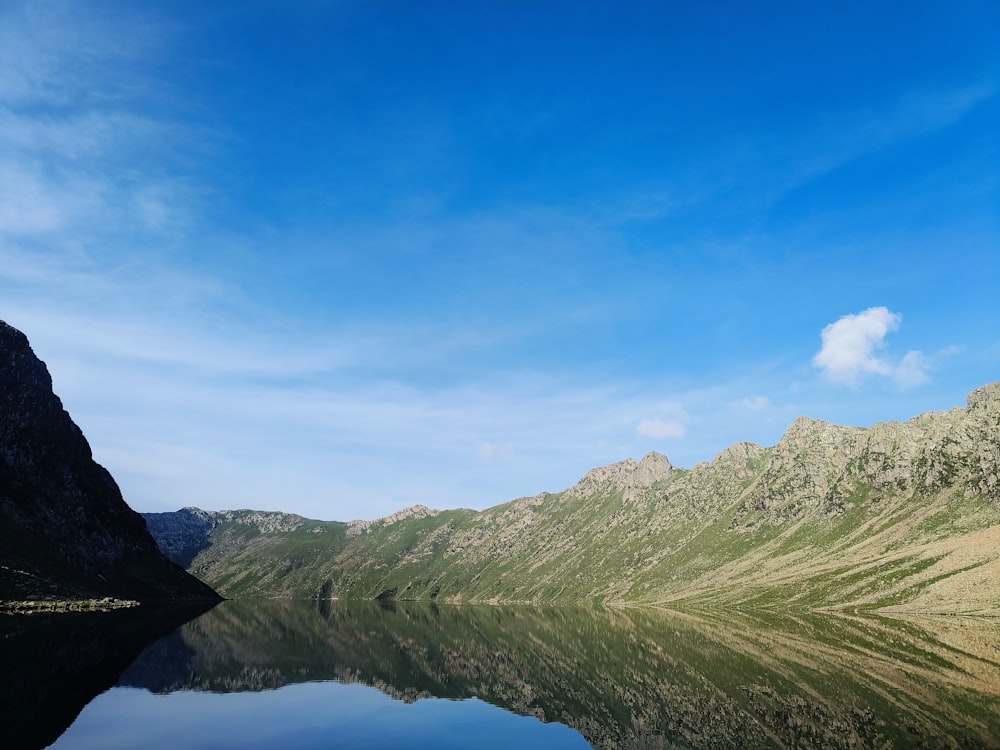 a body of water surrounded by mountains under a blue sky