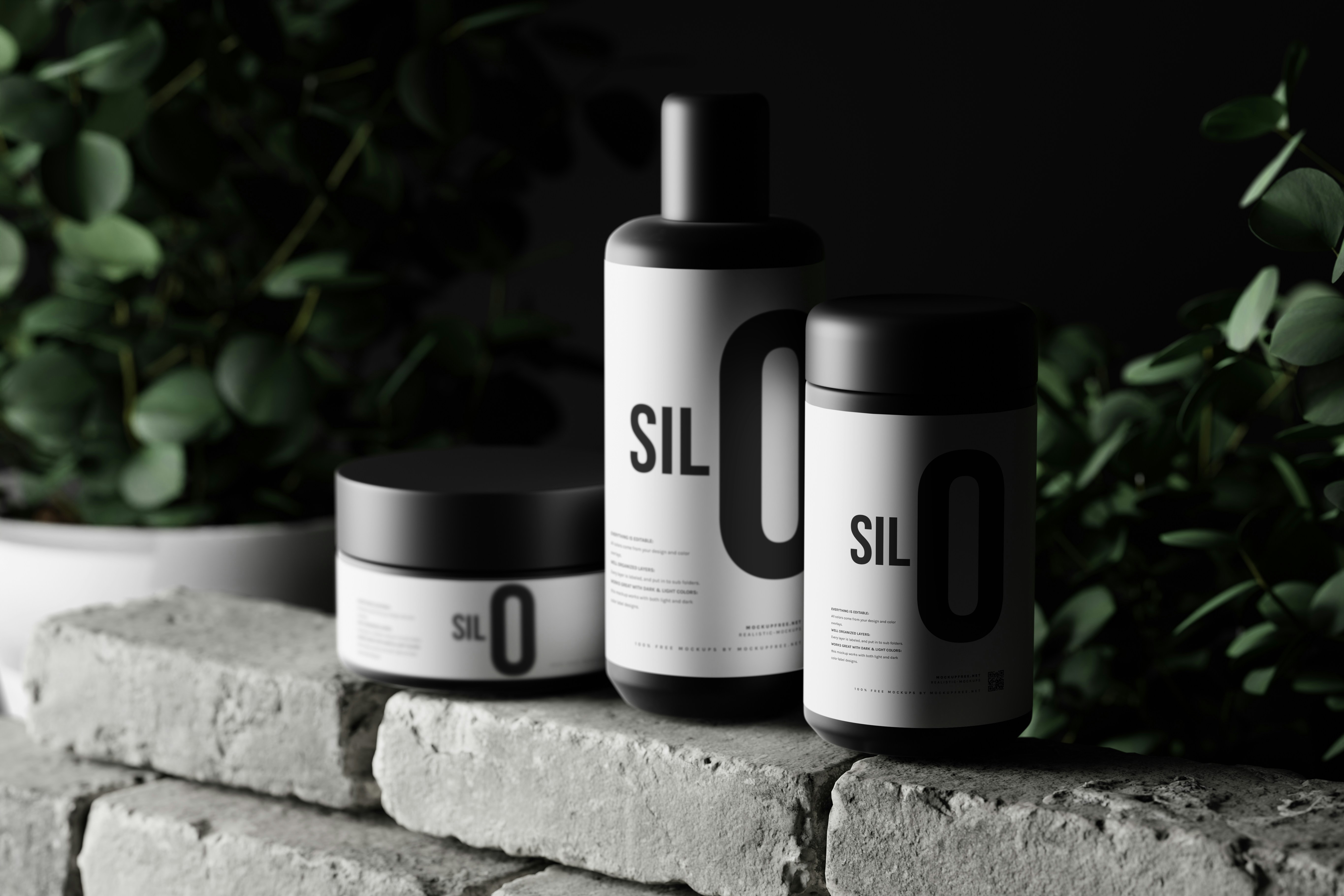 Silo is a cosmetic packaging mockup set featuring a bottle, a tall jar and a flat jar. Download this mockup set for free from Mockup Free https://mockupfree.net