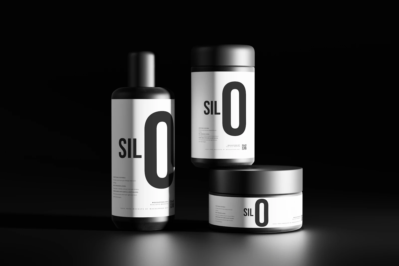 A bottle and two jars in matching minimalist packaging on a black background