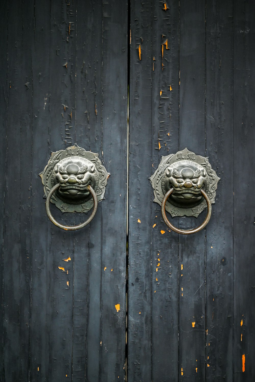 a close up of a metal door handle on a wooden door