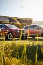 A sleek Cadillac and a rugged Range Rover parked side by side with a warm Spanish sunset in the background