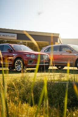 A sleek Cadillac and a rugged Range Rover parked side by side with a warm Spanish sunset in the background