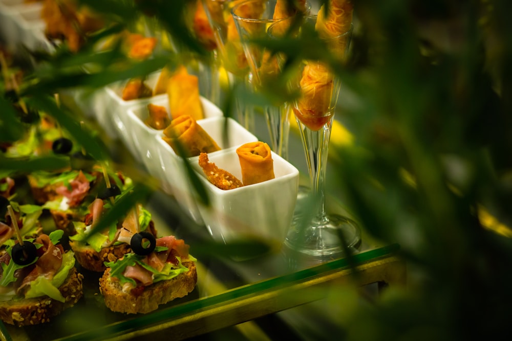 a close up of a tray of food on a table