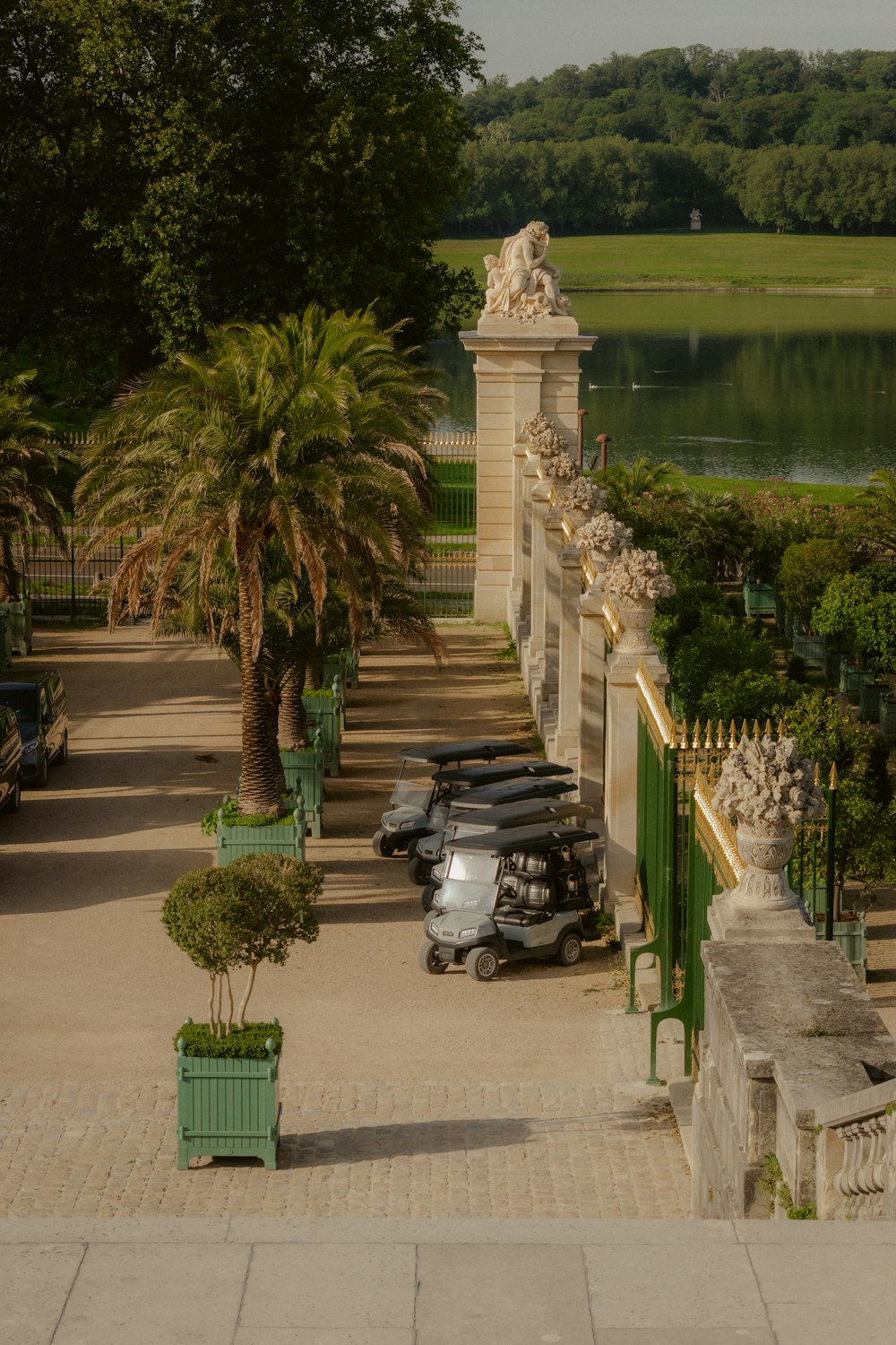 a row of parked cars sitting next to a lush green park