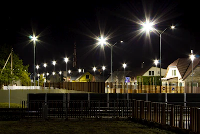 Night view of the gated community with 24x7 CCTV security lighting.