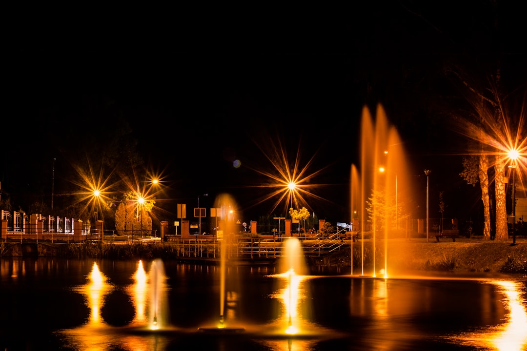 a night scene with a fountain and lights,