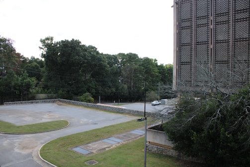 Spacious empty lot bordered by trees and a paved road