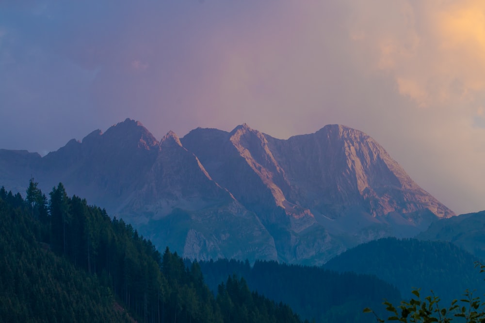 a view of a mountain range with trees in the foreground