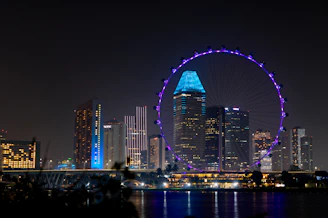 Aerial night view of Balneário Camboriú with neon blue lights highlighting the cityscape and the FG Big Wheel.