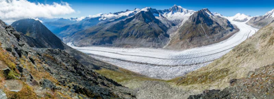 A panoramic view of vast glaciers with deep blue crevices reflecting the clear Arctic sky.
