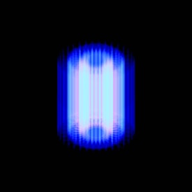 A vibrant abstract image featuring a central vertical glow with intense blue and white tones. This bright area is surrounded by a dark black background, creating a striking contrast.