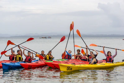 A group of people paddling kayaks on calm blue waters under a sunny sky.