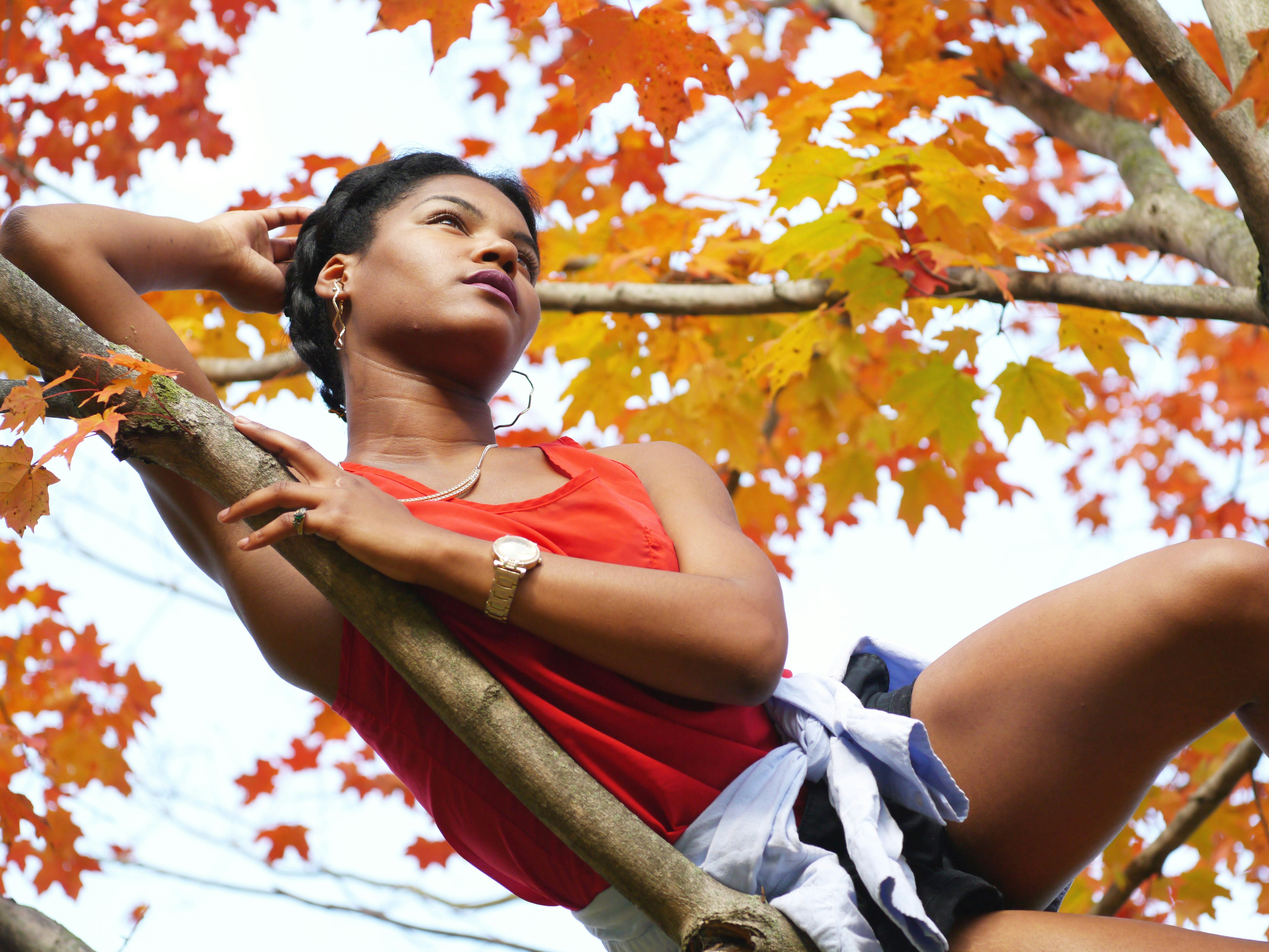 Una donna seduta su un ramo di un albero in autunno