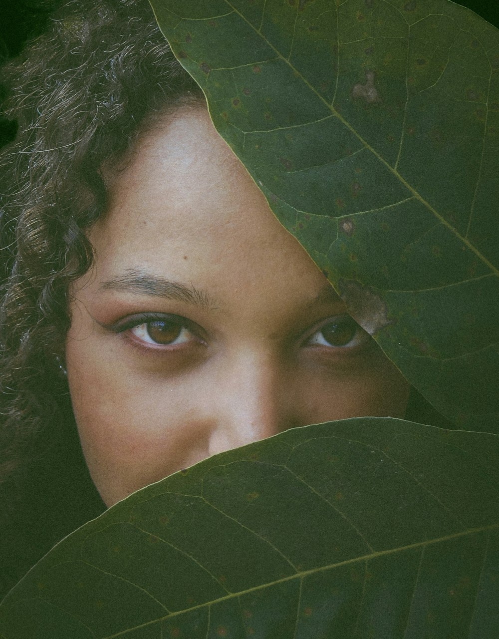a close up of a person behind a leaf
