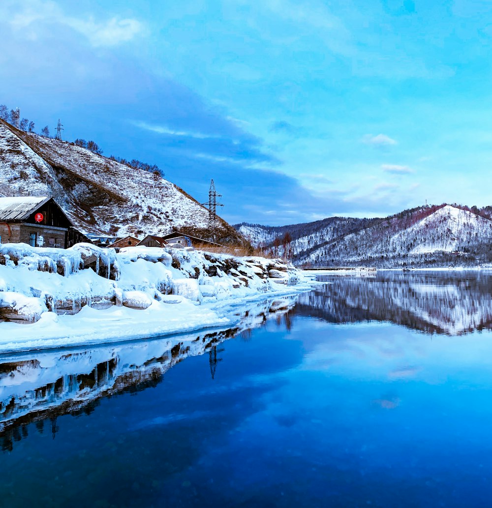 a lake surrounded by snow covered mountains under a blue sky