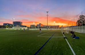 Young soccer players practicing drills on a green field during sunset.