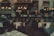 A dimly lit restaurant interior with elegantly set tables, featuring white tablecloths and neatly arranged glassware. The chandeliers provide warm lighting, enhancing the upscale ambiance. Reflections from the window showcase cars and the exterior of a building, adding an urban twist.