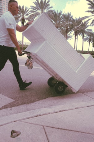 A person in a white shirt is maneuvering a large white furniture piece on a wheeled dolly across a street. Palm trees are visible in the background, suggesting a warm climate. The scene has a vintage filter effect.