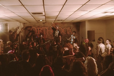 A lively concert setting featuring a band performing on a small stage. The crowd is gathered closely, engaging energetically with the music. The band members are playing various instruments, and the lighting is dim with a warm, moody tone. The backdrop shows the word 'ORTHODOX' in large letters.