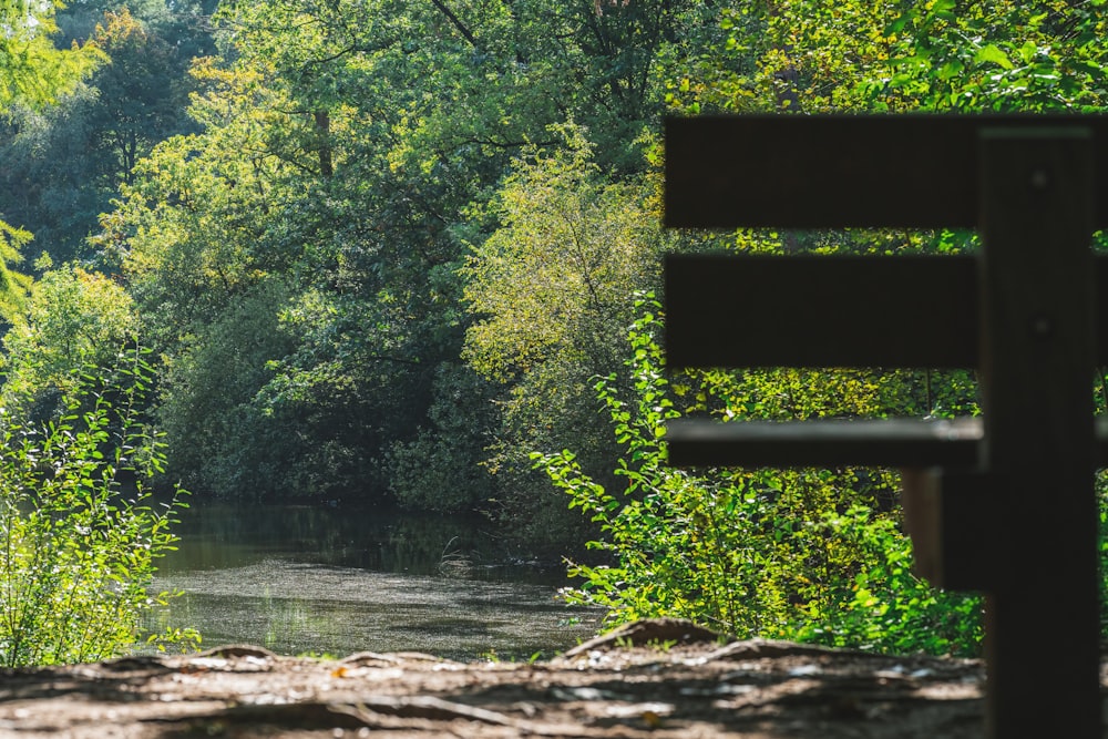 a park bench sitting next to a river surrounded by trees