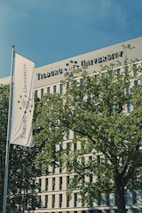 A modern building with 'Tilburg University' signage is partially obscured by lush green trees. A university flag stands in the foreground waving gently, reflecting the location's identity. The sky is clear and blue, adding to the serene academic atmosphere.