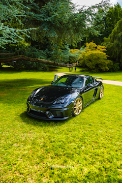 A vibrant gold car wrap being applied smoothly on a black sports car.