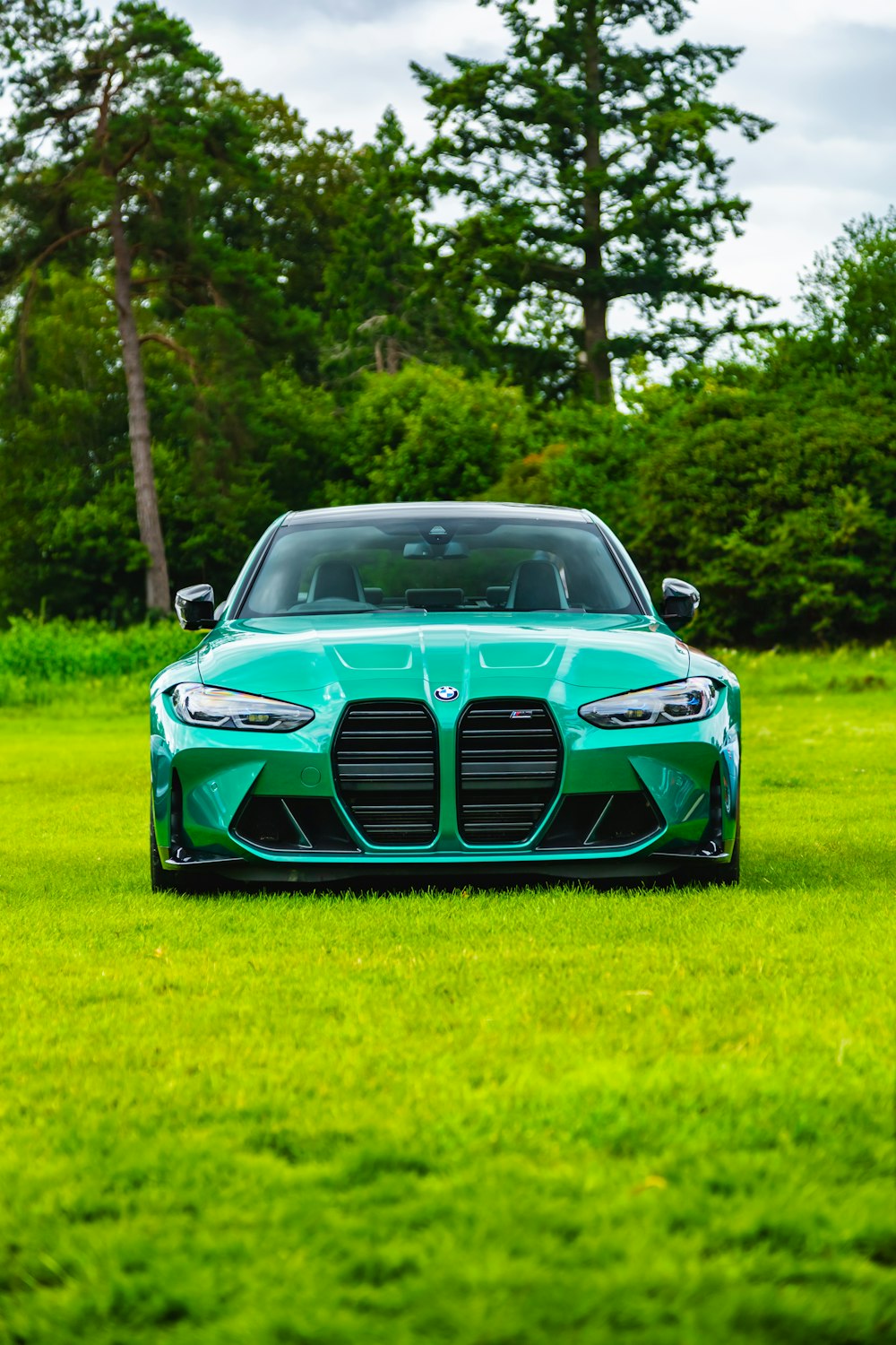 a green sports car parked in a grassy field