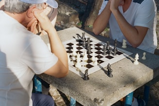 Two individuals are deeply focused on a game of chess being played on a concrete table. The chessboard is positioned with an array of black and white pieces, indicating an ongoing match. The individuals are leaning forward with their hands supporting their faces in concentration. The scene takes place outdoors, evidenced by surrounding trees and natural light.