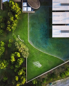 An aerial view of a landscaped area with a combination of neatly trimmed grass and a large building with white rooftops. The grass lawn is surrounded by verdant trees and includes a set of white lounge chairs arranged in a curved line. Near the center of the lawn, there is a tangled pile of white cords or ropes.