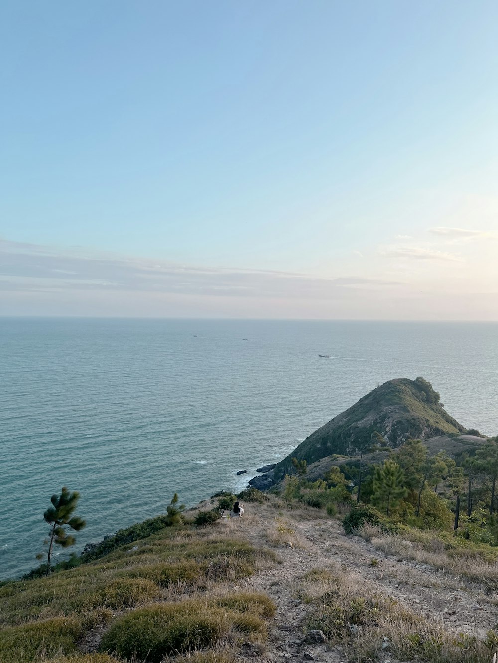 a view of the ocean from the top of a hill