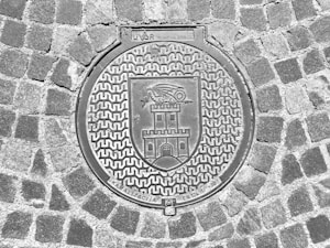 A detailed sewer manhole cover with a patterned border and an emblem featuring a castle and a dragon-like creature. The cover is surrounded by cobblestone pavement, creating a contrasting texture.