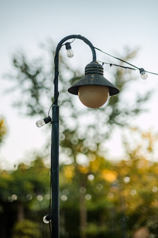 An outdoor lamp post with a vintage design, decorated with string lights, stands in front of a blurred background of greenery and soft sunlight. The focus is on the lamp post, highlighting the intricate metalwork and the hanging light bulbs.
