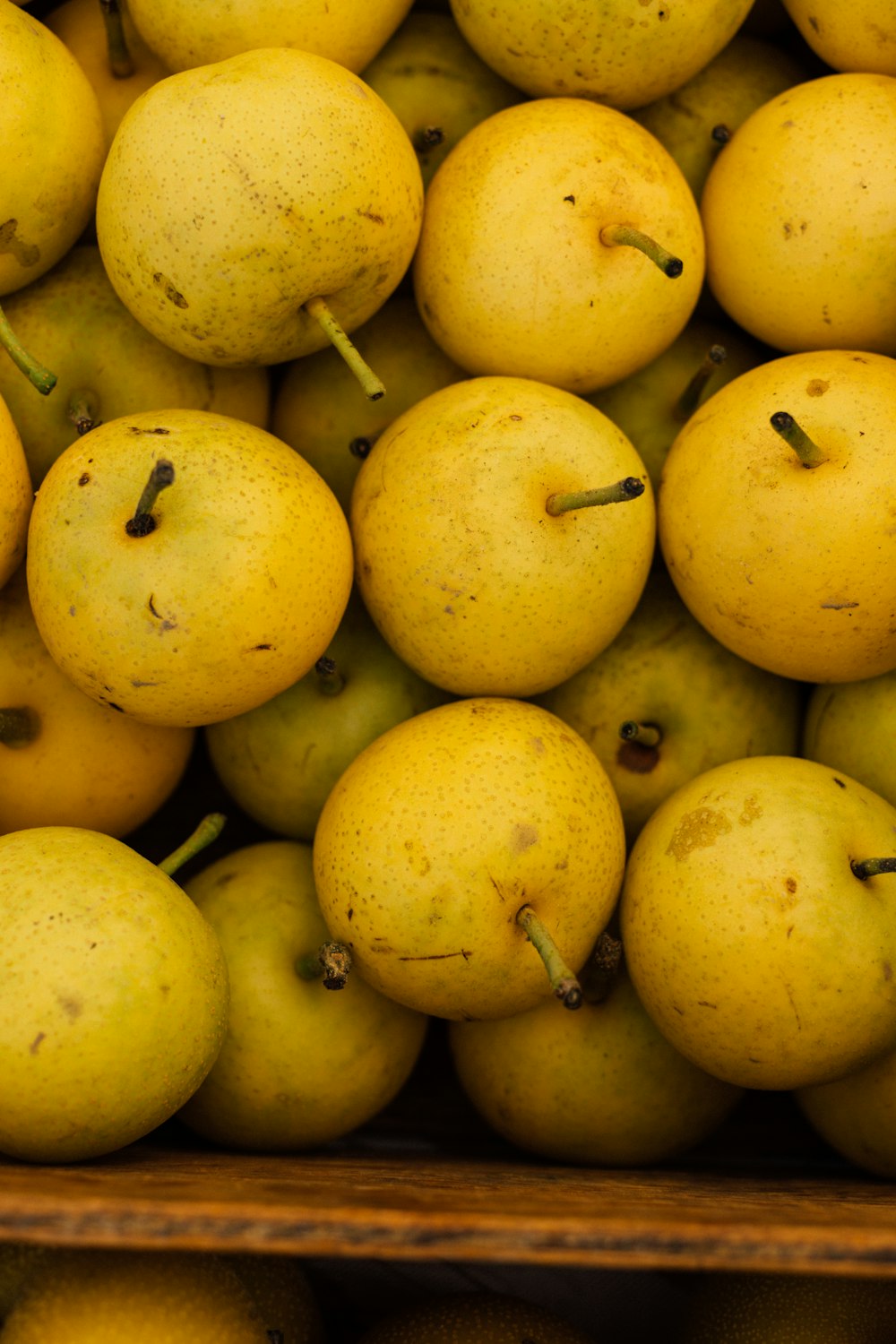 a pile of yellow apples sitting next to each other