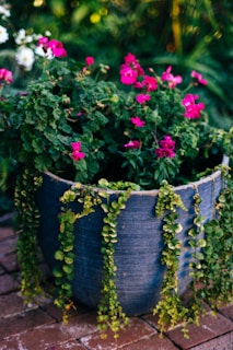 Close-up of a sleek, modern FRP planter with cascading flowers in a sunny patio.