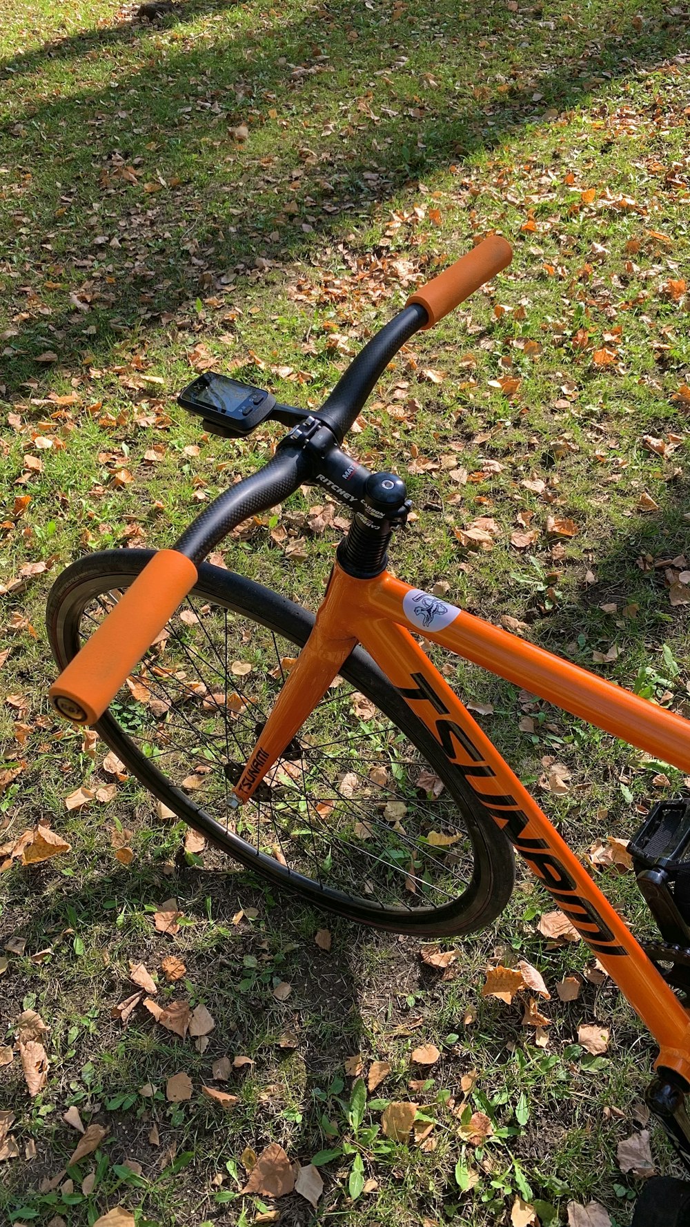 a bicycle parked in the grass near a tree