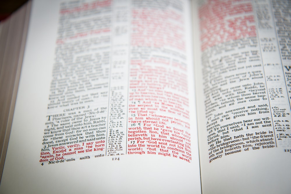 a close up of an open book with red text