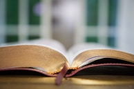 Close-up of an open book with gold-edged pages and a delicate bookmark resting gently.