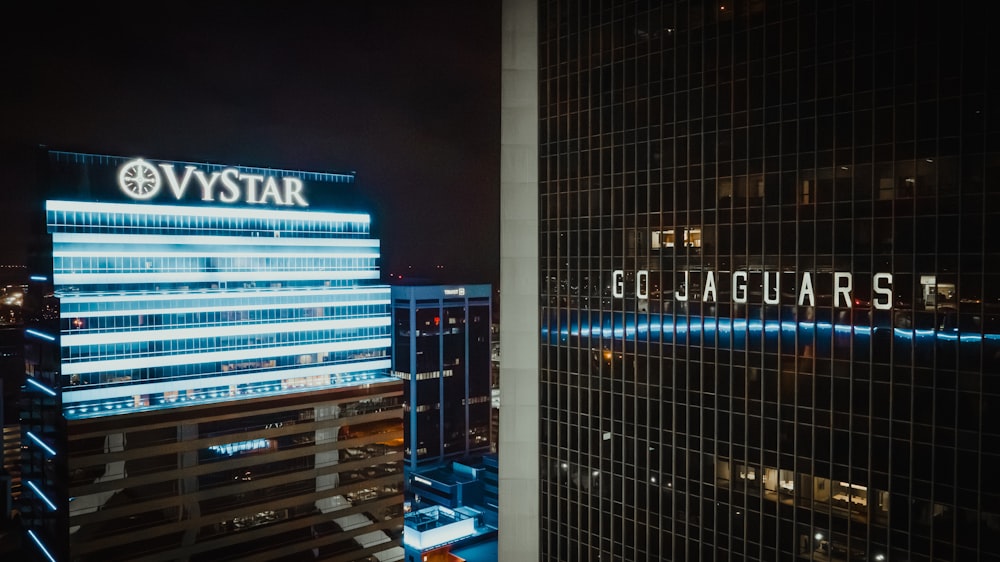 a view of a very tall building at night